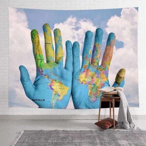 Simsant World Map Tapestry Hands Blue Sky White Clouds Wall Hanging Tapestries for Living Room Bedroom Home Dorm Decor