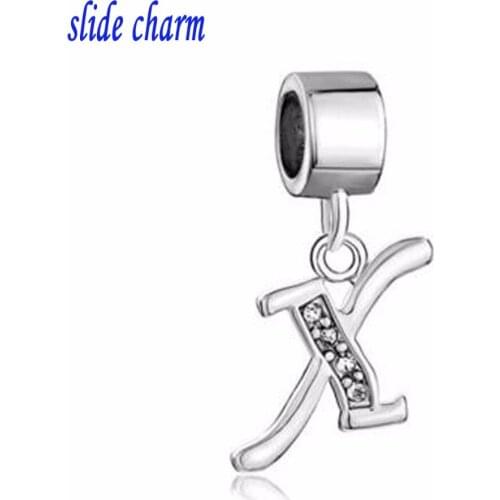 Slide charm Free shipping X alphabet pendant white crystal Christmas gift amulet charm beads fit Pandora bracelet