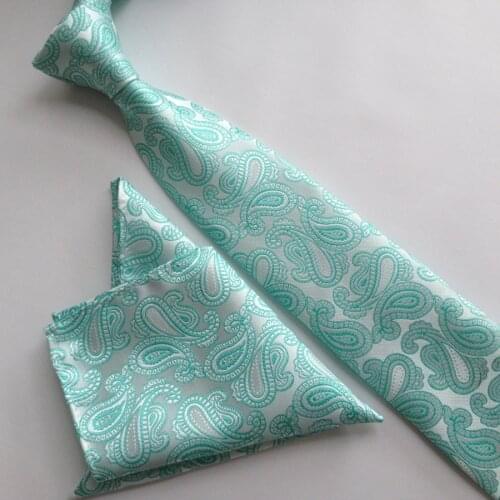 Unique Designer 8cm Men Formal Necktie Set with Handkerchief Mint Green Classic Paisley Cravat Pocket Square Sets