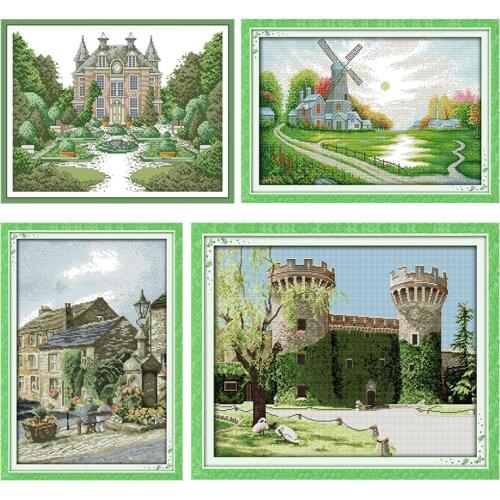 Manor Cross Stitch Kits House with Flowers Embroidery Needlework Counted Fabric Thread Stamped 11CT 14CT Print Handmade Art Gift