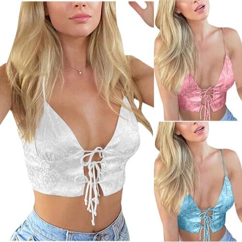 Y2K Woman Satin Bandage Crop Tops 90s Solid Color Embossing Tank Tops Sleeveless Casual Camisole Clubwear Women Clothing