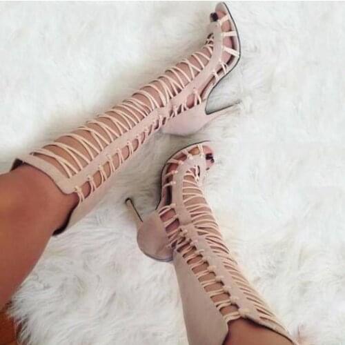 Gladiator Style Boots Summer Boot Fashion Nude Suede Leather Women Peep Toe Knee High Boots Straps Cutout Ladies High Heel Boots
