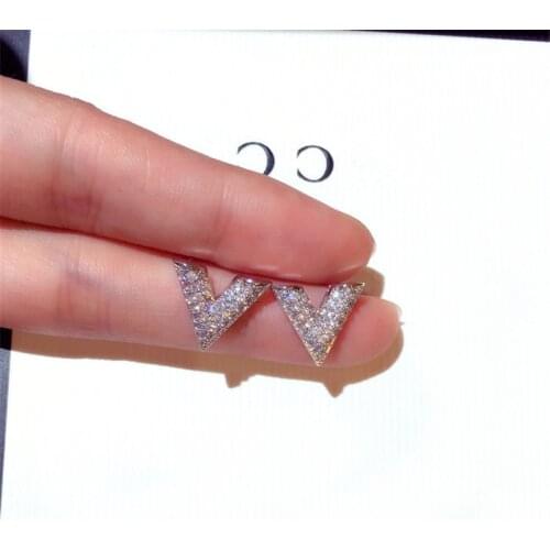 Original 925 sterling silver Diamond Stud Earring V shape Jewelry Engagement Wedding Earrings for Women Bridal Birthday Gift