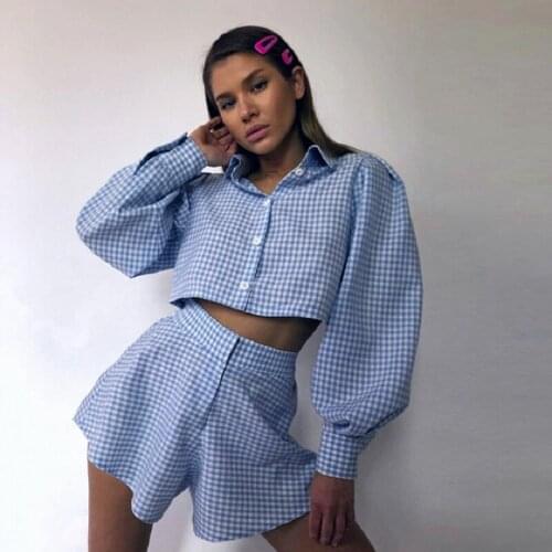 Women Plaid Shorts Set Puff Sleeve Crop Shirt Wide Leg Shorts Two Pieces Set Outfits Loungewear Kit Turn-Down Collar Shirt Set