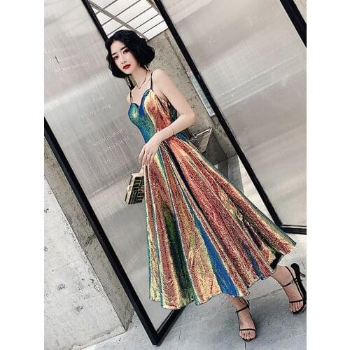 Womens Long Sequins Bling Bling Dress Hologram Glitter Longer Party Dress Elegant Rainbow Dresses Empire Waist Camin Dresses