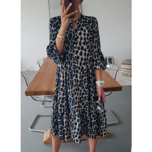 Women Leopard Printed Dress Bohemia Button Sexy Long Dress Office Lady Dress Ladies Vintage Dresses
