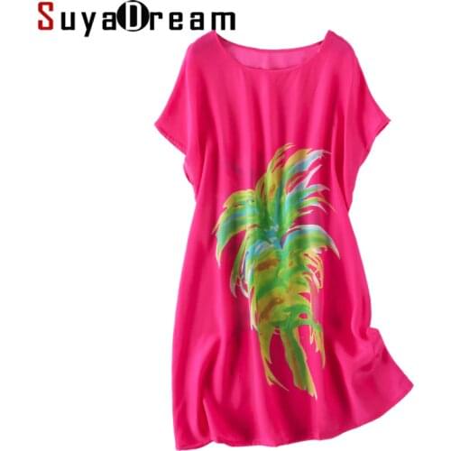 Women Mini Dress 100%Real Silk Crepe Printed Dresses for Women Short Bat Sleeved Silk Dress 2019 Summer Short Dress