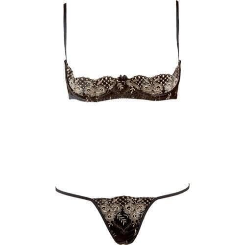 Womens Lingerie Erotic Set Floral Embroidered Half Cups with Push-Up Bra with G-String T-Back Briefs Panties Babydoll Costume