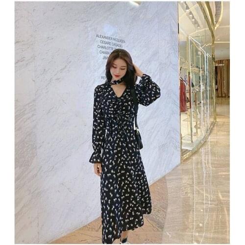 Flower show thin chiffon v-neck accept waist temperament draw string long-sleeved horn sleeve long dress in female