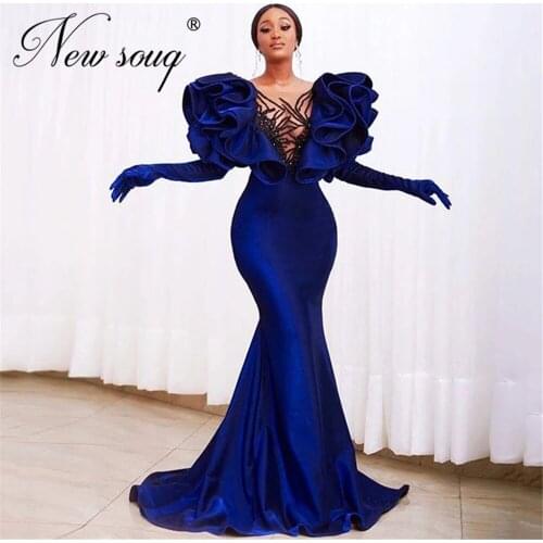 Royal Blue Mermaid Celebrity Dresses Vestidos Evening Dresses African Long Beaded Prom Dresses Saudi Arabia Woman Party Night