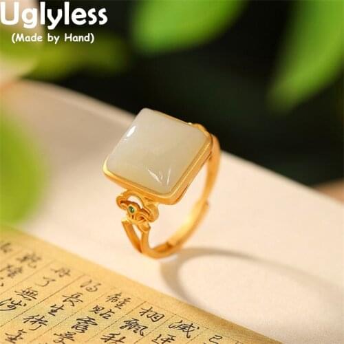 Uglyless Blank Jade Square Gemstones Rings for Women Gold Ethnic Vintage Jewelry 925 Silver Natural Nephrite Rings Vogue Bijoux