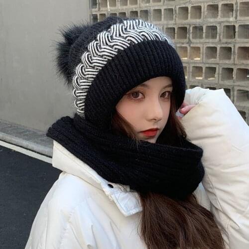 Winter Women Sweet Knitted Beanie Hat With Scarf Plush Thick Warm Street Windproof Earflap Caps Elastic All Match Skullies Caps