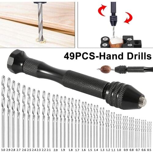 Aluminum Hand Drill with Keyless Chuck + 48 Units Torsion Drill Mini Jewelry Woodworking Rotary Drilling Tools