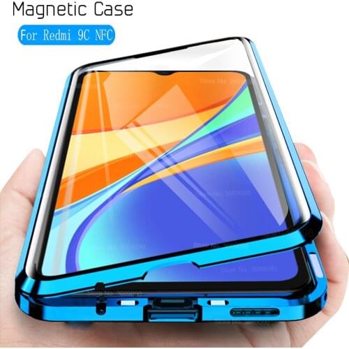 360 Magnetic Metal Tempered Glass Case For xiaomi redmi 9c nfc redmi9c red mi 9c 9 c redmy 6.53'' Double Sided Adsorption Cover