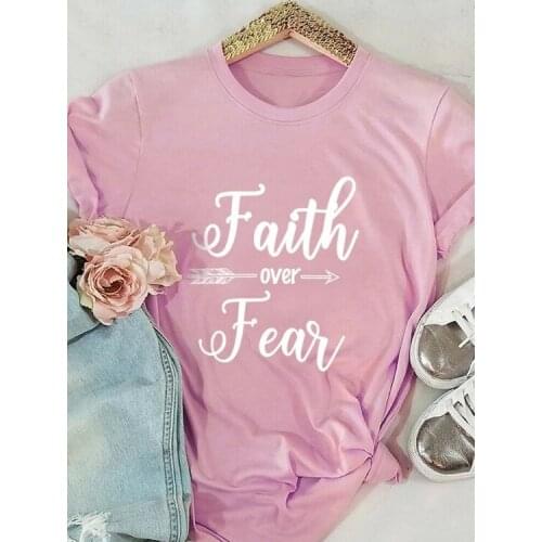 Faith Over Fear Plus Size Women T-shirt Christian Jesus Shirt Fashsion Letter Cotton Female Clothing O Neck Short Sleeve Top Tee