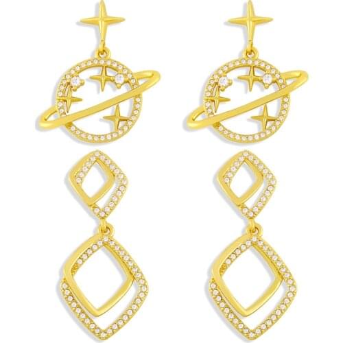 FLOLA Rhinestone Star Planet Earrings For Women Double Rhombus Drop Earrings Dangle Cubic Zirconia Korean Jewelry Gifts ersw99