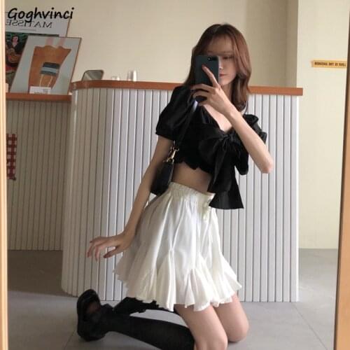 Sets Women Cropped Bow V-neck Sexy Tops Elastic Waist Empire Pleated Skirts Sweet Girls Leisure Ulzzang Streetwear Female Chic