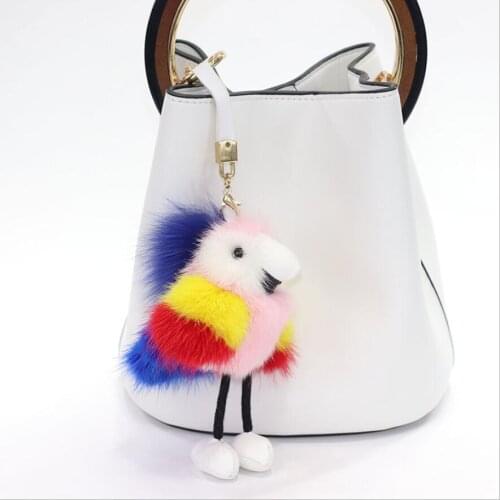 Cute Bird Fur Keychain Real Mink Fur Animal Little Soft Parrot Keyring Fluffy Colorful Bag Charm Pendant