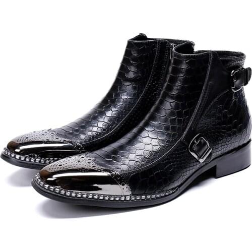 Winter Men Boots Genuine Leather Men Boots Men Snake Skin Metal Round Toe Increased Fashion Dress Buckle Boots Botas Militares