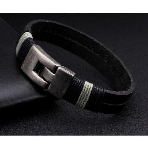 Vintage Diy Chain Link Genuine Leather Men Hook Bracelets Simple Design Outdoor Sporty Charm Male Cuff Bracelets Bangles