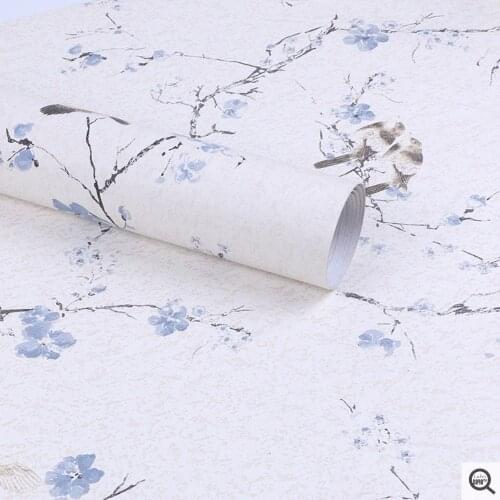 Floral Peel And Stick Wallpaper Blue Flower And Bird Wallpaper Decorative Self Adhesive Peel Vinyl Film Wall Paper for Bedroom