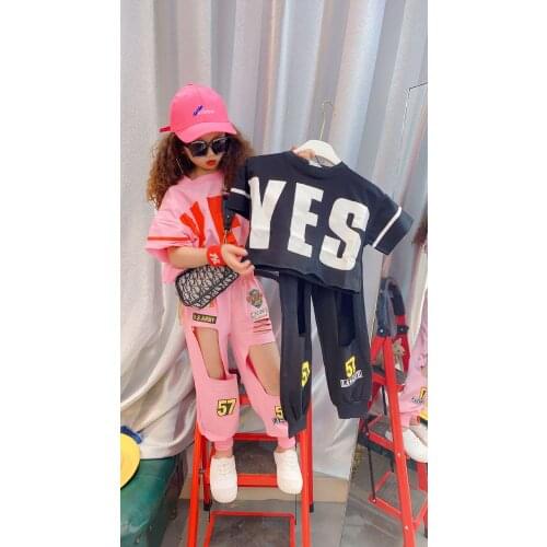 2021 Spring Autumn Summer new girls' suit short T-shirt with holes printed casual pants two piece set for 3 4 5 6 7 8 to 12 yrs