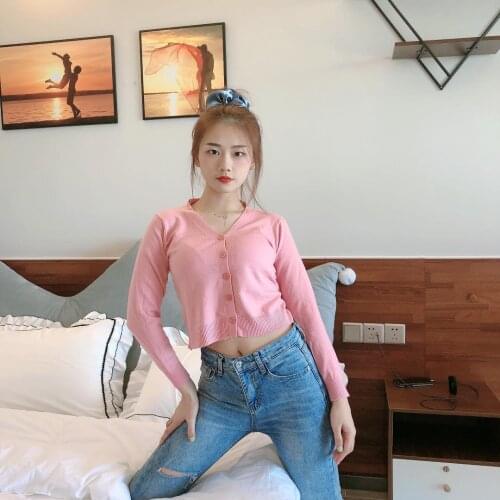 Autumn knit sweater women Korean version of the small solid color jacket short cardigan V-neck long sleeve sweater small simple