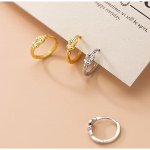 Real 925 Sterling Silver Knot Pattern Small Hoop Earrings Simple Zircon Huggie Hoops Fine Jewelry for Women Girls