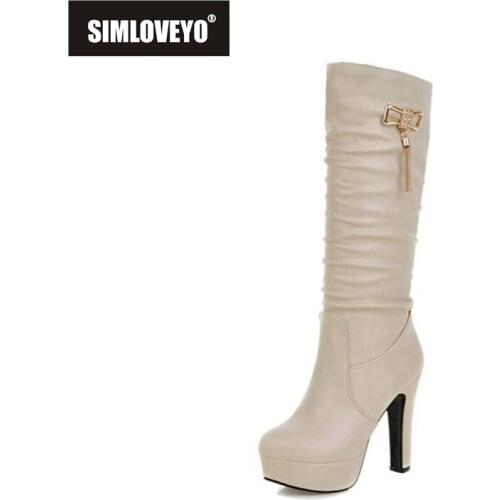 SIMLOVEYO Winter Ladies Knee High Boots Bowtie Pleated Round Toe Slip On 12CM Platforms Spike Heel US13 White Black Beige A4209