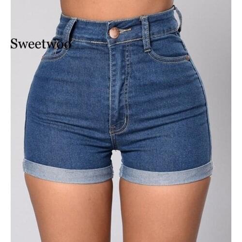 Blue Shorts Jeans Womens High Waist Stretch Jeans Women Summer Fashion Denim Shorts Casual Slim Vintage Crimping Denim Shorts