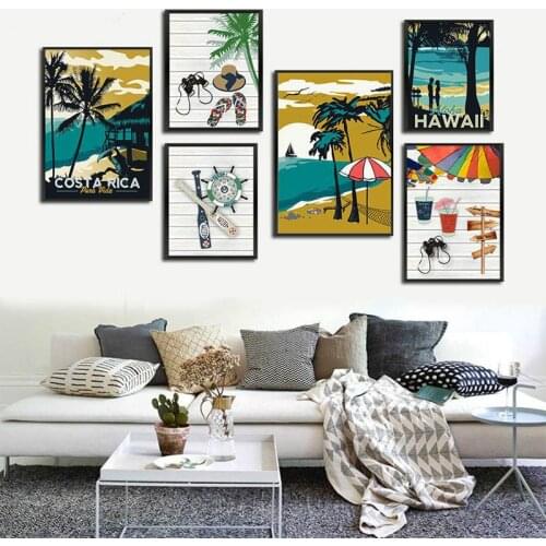 Nordic Style Sea Beach Scenery Coconut Tree Aruba Costa Rica Hawaii Decorative Painting Sofa Living Room Bedroom Mural Poster