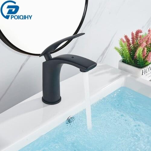 POIQIHY Black/White Brass Basin Faucet Solid Cold & Hot Water Bathroom Faucet Single Handle Water Sink Tap Bathroom Faucet