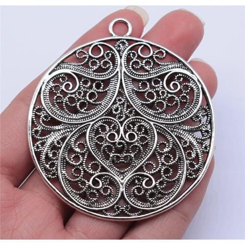 WYSIWYG 1pcs 60x60mm Antique Silver Color Round Hollow Flower Charms Pendant For Jewelry Making DIY Jewelry Findings