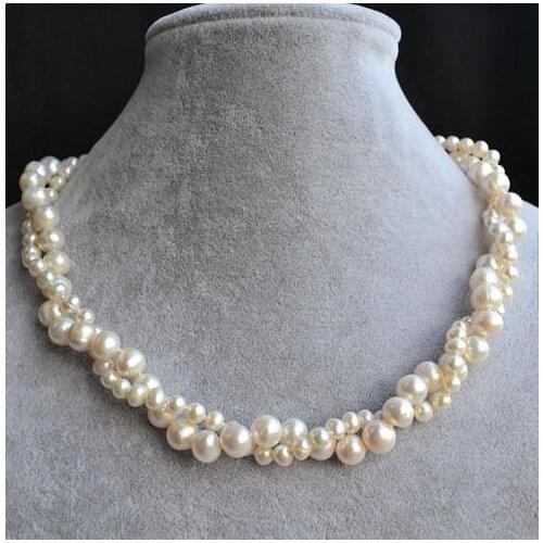 Classic Favorite Pearl Wedding Necklace 2 Rows 5-9mm White Genuine Freshwater Pearl Handmade Fine Jewelry Women Gift