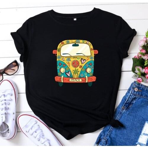 Summer Women T Shirt Cotton 5XL Plus Size Cartoon Bus Print Short Sleeve O Neck Casual Graphic TShirts Fashion Woman Tees Tops