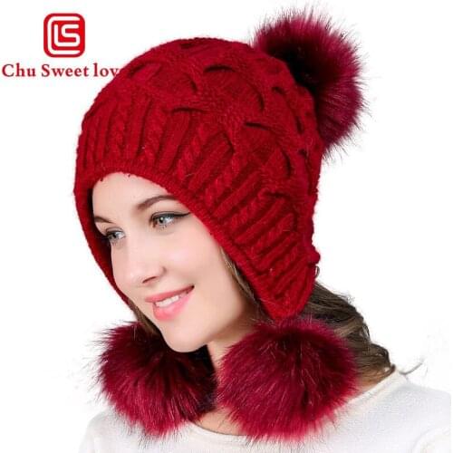 Women Winter Hat Warm Poms Beanies Fashion Rabbit Fur Hat Knitted Thick Hat Charm Women Soft Beanies Caps Warm Accessories