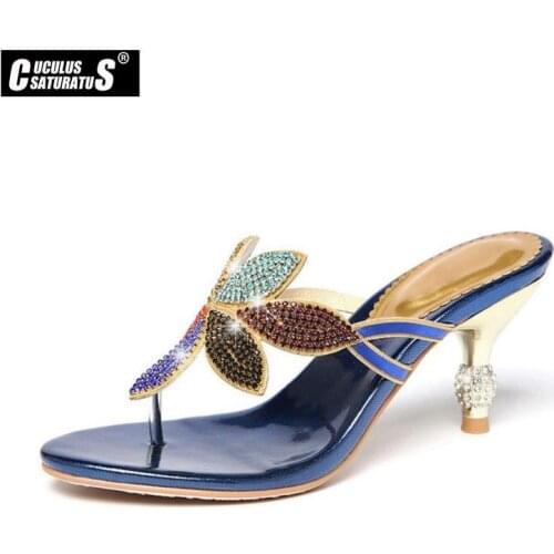 Cuculus 2020 Summer Womens Rhinestones Slippers Fashion Hollow Out High Heels Sandals Bohemia Style Flip Flops Shoes 472