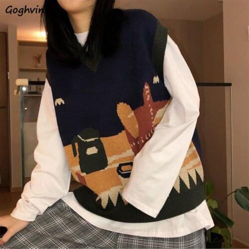 Women Sweater Vest Street Cartoon Harajuku Korean Style Fashion V-neck Spring Leisure Preppy Female Students Warm Sleeveless New