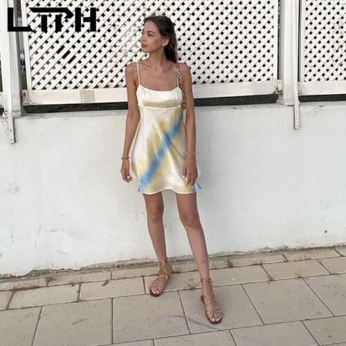 LTPH vintage tie-dye women satin dress sexy backless elastic shirring sleeveless camisole mini A-line dresses 2021 summer new