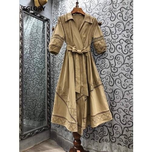 100%Cotton Dress 2021 Spring Fashion Style Women V-Neck Hollow Out Embroidery Puff Sleeve Large Swing Khaki Green Black Dress