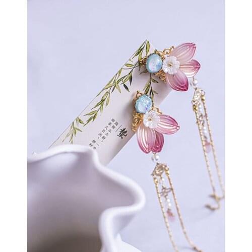 1 pcs vintage classical pink flower Long tassel Girl classical Hair Jewelry Flower Hiar clips Accessories