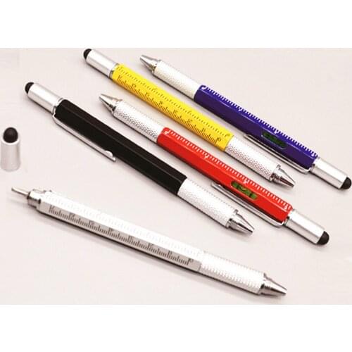 100pcs/lot Multifunction 6 in 1 Metal Tool Ballpoint Pen Screwdriver Ruler Spirit Level with a Top and Scale Tool Pen