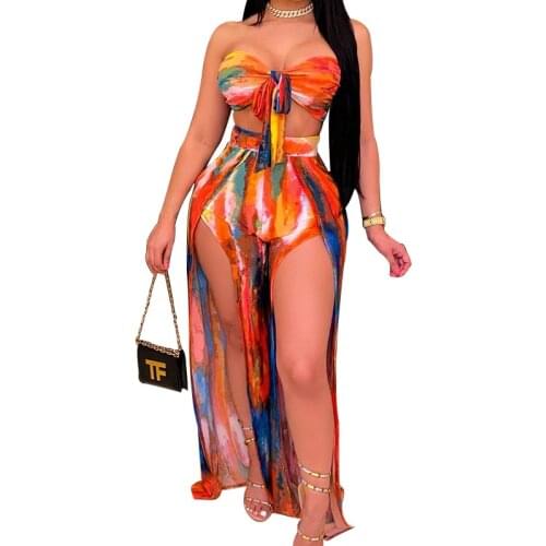 BAMBOOBOY Women Sexy Hot Hawaii Contrast Color Strapless Tube top Slit Maxi Skirt Beach Vacation Club Two Piece Set ZL1617