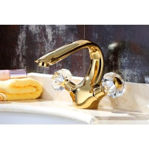 Free ship gold Finish double crystal handles Single Hole deck mounted bathroom lavatory sink faucet mixer tap new