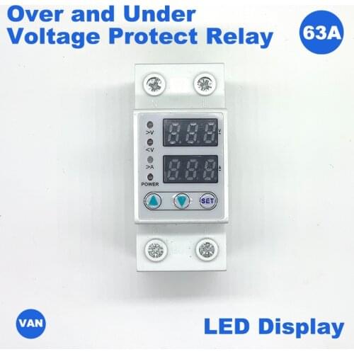 Household Protection 63A 220V Din Rail Adjustable Voltage Protector Relay with Over Current Protection