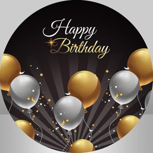 Custom Black and Gold Happy Birthday Party Background Balloons Adult Birthday Party Round Backdrop Cake Table Banner