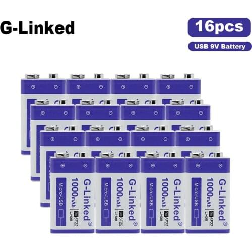 G-Linked 16Pcs 6F22 Battery 1000mAh Rechargeable Li-ion Battery 9V Battery ForInfrared Electronic Thermometer Wireless Microphon