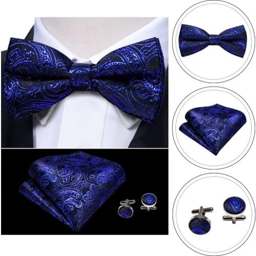 Bowtie For Men 100% Silk Solid Blue Mens Butterfly Set Pocket Square Cufflinks Paisley Necktie for Business Wedding Barry.Wang