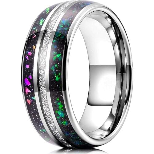 Fashion 8MM Men Galaxy Tungsten Carbide Ring with Created-opal & Meteorite Inlay Ring Mens Wedding Band Size 6-14