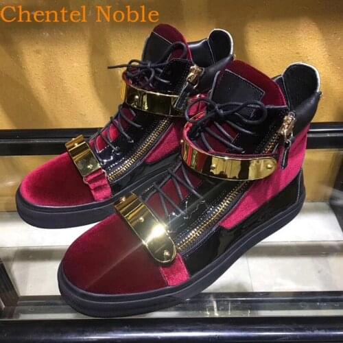 Luxury Brand Flock Metal Buckle Lace-Up Zipper Casual Shoes Men Spring High Top Manual Running Male Sneaker Chaussures Hommes
